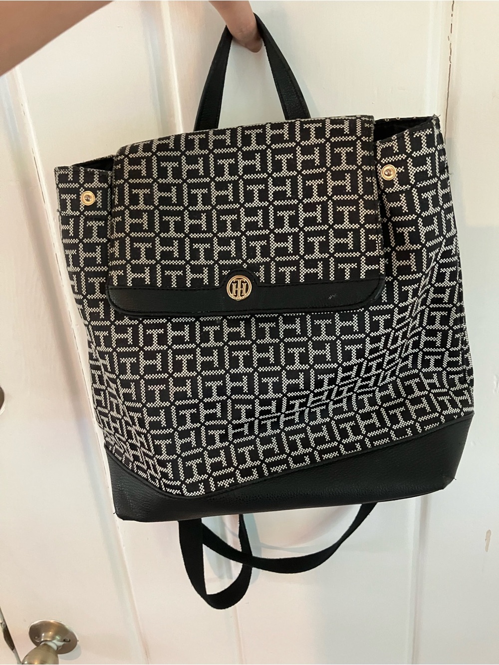 Tommy Hilfiger Black & White Monogram Convertible Tote